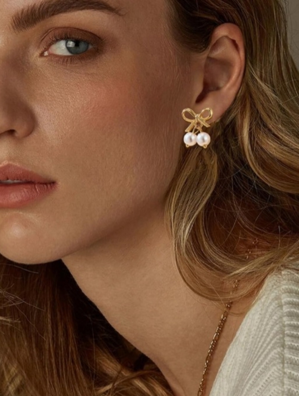 Gold-Tone Bow Pearl Style Drop Earrings